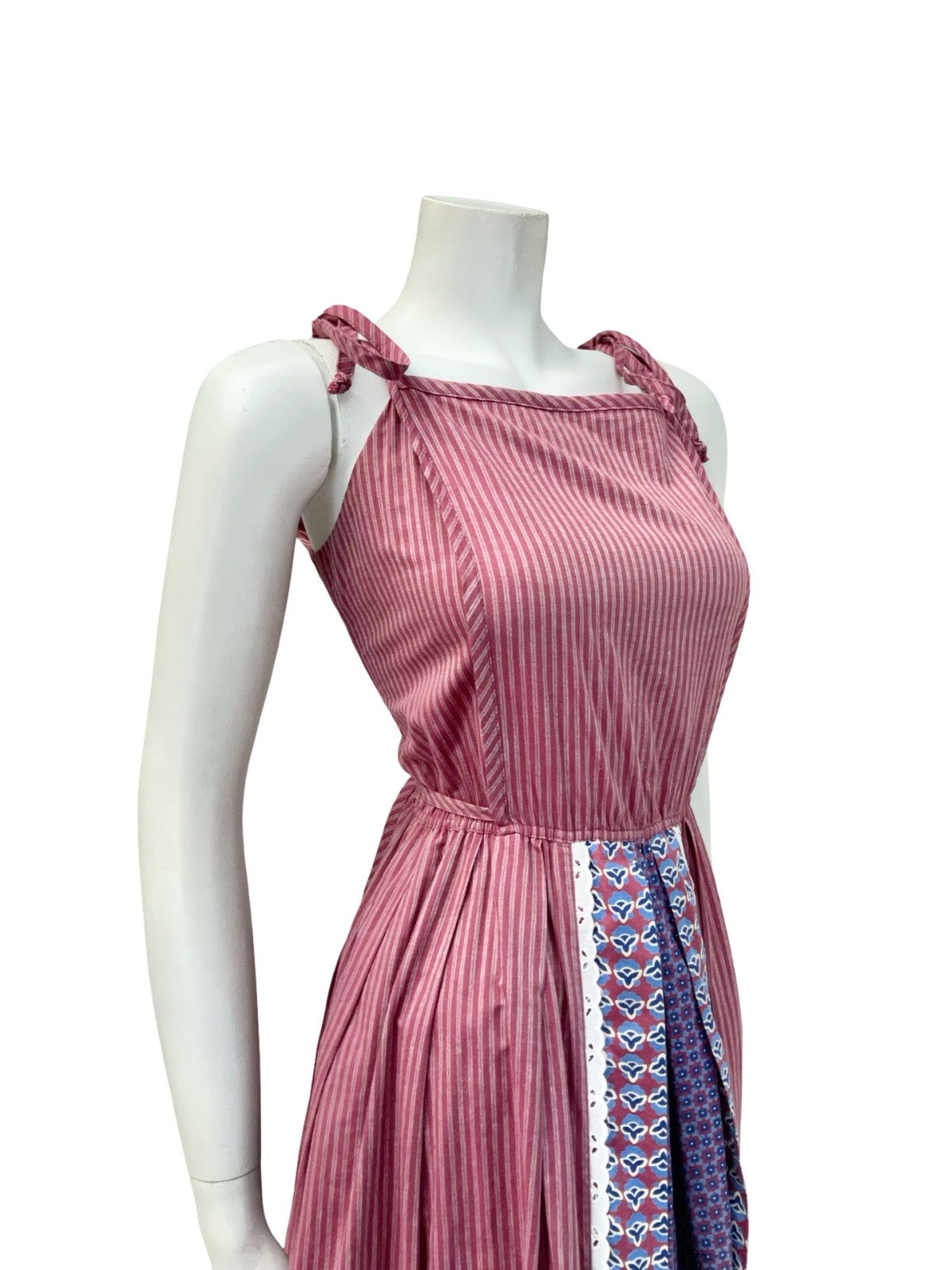 VTG 70S PLUM PURPLE BLUE STRIPED COTTON COTTAGE EDWARDIAN FLORAL SUN DRESS 12