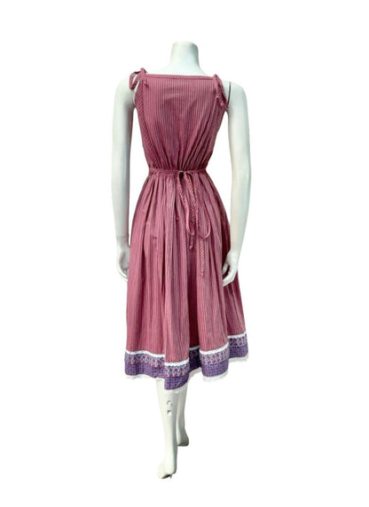VTG 70S PLUM PURPLE BLUE STRIPED COTTON COTTAGE EDWARDIAN FLORAL SUN DRESS 12