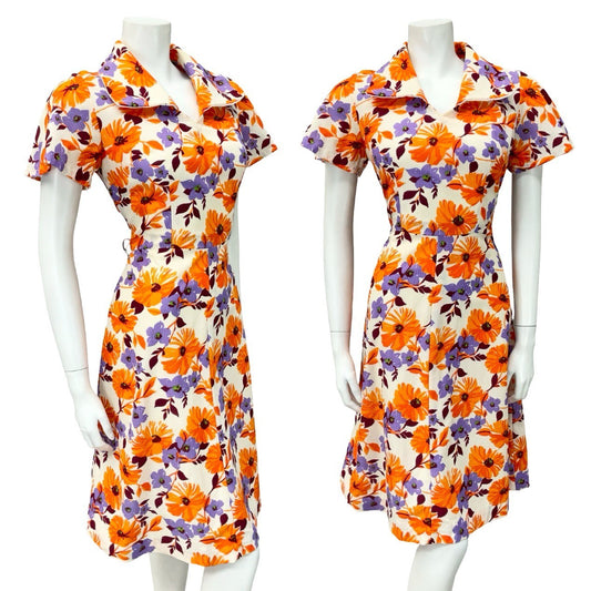 VTG 60S CREAM ORANGE PURPLE FLORAL OPEN COLLAR SWING TEA DRESS 8