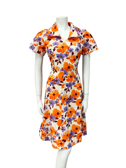 VTG 60S CREAM ORANGE PURPLE FLORAL OPEN COLLAR SWING TEA DRESS 8