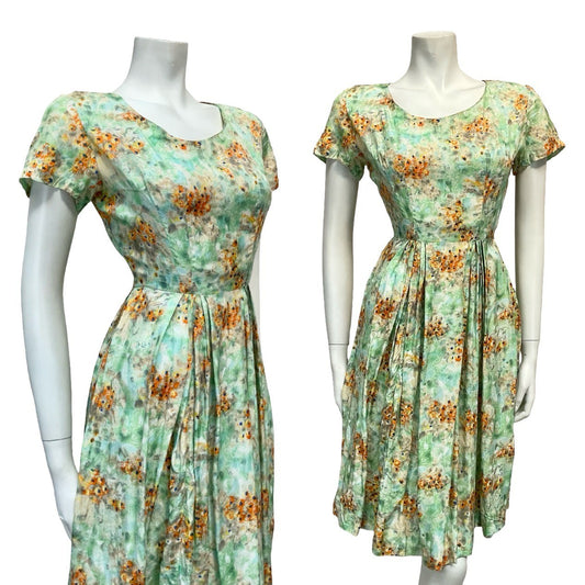VTG 50S 60S GREEN BLUE ORANGE FLORAL PLEATED ROCKABILLY SWING DRESS 10 8 S