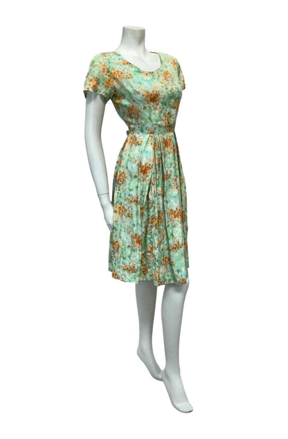 VTG 50S 60S GREEN BLUE ORANGE FLORAL PLEATED ROCKABILLY SWING DRESS 10 8 S