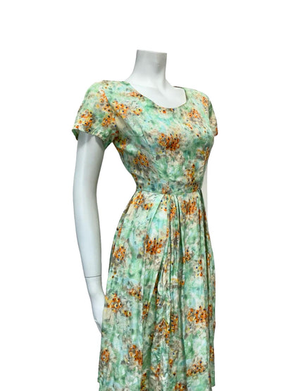 VTG 50S 60S GREEN BLUE ORANGE FLORAL PLEATED ROCKABILLY SWING DRESS 10 8 S