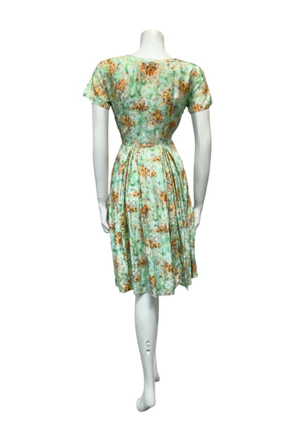 VTG 50S 60S GREEN BLUE ORANGE FLORAL PLEATED ROCKABILLY SWING DRESS 10 8 S