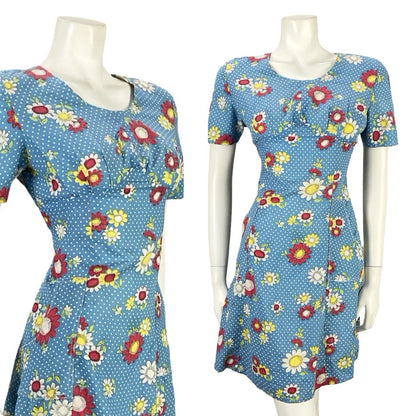 VTG 60S 70S BLUE WHITE RED YELLOW POLKA DOT MOD FORAL EMPIRE MINI DRESS 8