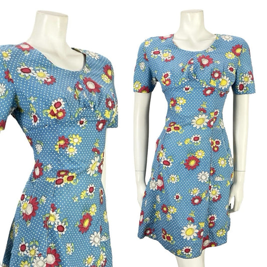 VTG 60S 70S BLUE WHITE RED YELLOW POLKA DOT MOD FORAL EMPIRE MINI DRESS 8