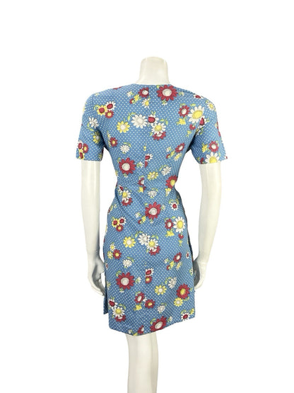 VTG 60S 70S BLUE WHITE RED YELLOW POLKA DOT MOD FORAL EMPIRE MINI DRESS 8