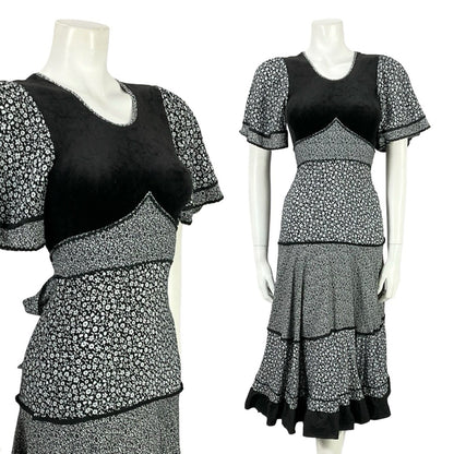 VTG 70S BOHO PRAIRIE BLACK WHITE TIERED TIE WAIST DITSY FLORAL DRESS 4 6