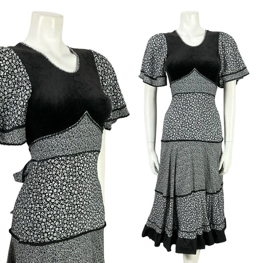 VTG 70S BOHO PRAIRIE BLACK WHITE TIERED TIE WAIST DITSY FLORAL DRESS 4 6