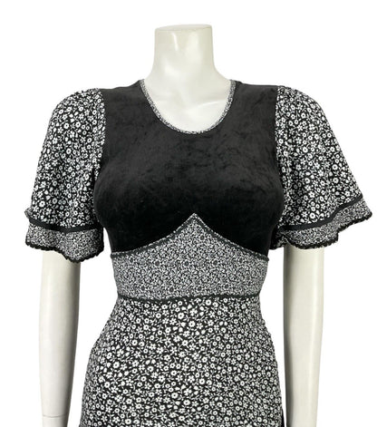 VTG 70S BOHO PRAIRIE BLACK WHITE TIERED TIE WAIST DITSY FLORAL DRESS 4 6