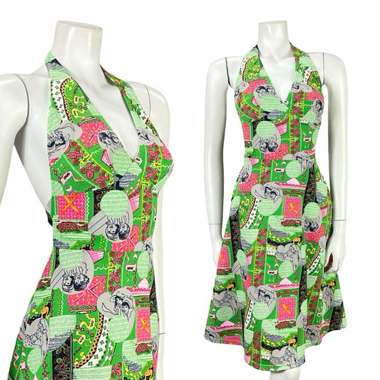 VTG 60S GREEN PINK GREY GEOMETRIC MOD WOMAN PRINT HALTER NECK A LINE DRESS 8