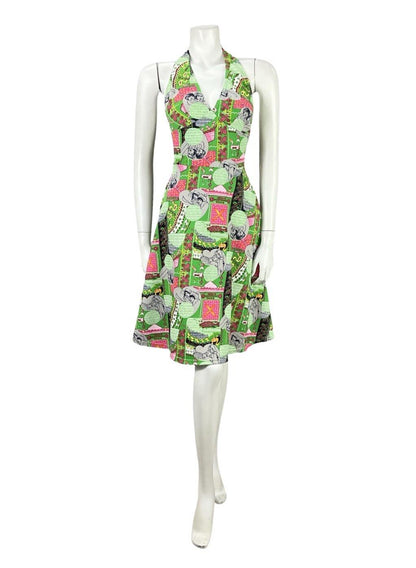 VTG 60S GREEN PINK GREY GEOMETRIC MOD WOMAN PRINT HALTER NECK A LINE DRESS 8
