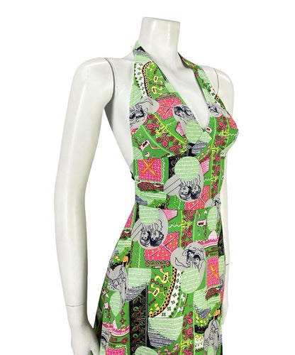 VTG 60S GREEN PINK GREY GEOMETRIC MOD WOMAN PRINT HALTER NECK A LINE DRESS 8