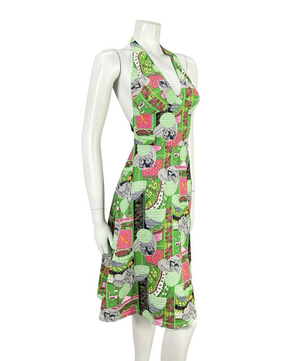 VTG 60S GREEN PINK GREY GEOMETRIC MOD WOMAN PRINT HALTER NECK A LINE DRESS 8