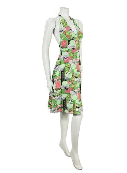 VTG 60S GREEN PINK GREY GEOMETRIC MOD WOMAN PRINT HALTER NECK A LINE DRESS 8