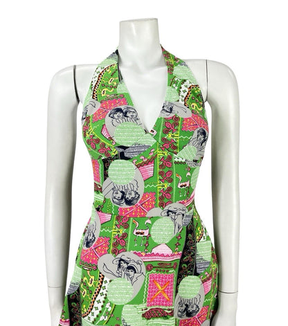 VTG 60S GREEN PINK GREY GEOMETRIC MOD WOMAN PRINT HALTER NECK A LINE DRESS 8
