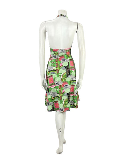 VTG 60S GREEN PINK GREY GEOMETRIC MOD WOMAN PRINT HALTER NECK A LINE DRESS 8