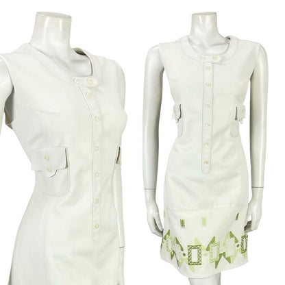 VTG 60S 70S LUCIE LINDEN WHITE GREEN GEOMETRIC MOD EMBROIDERED SHIFT DRESS 12 14