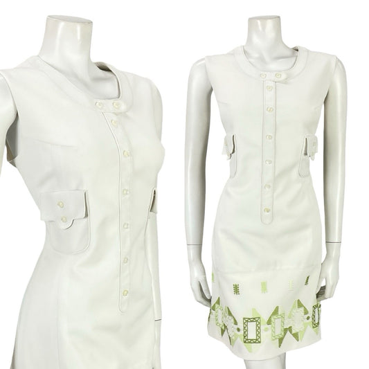 VTG 60S 70S LUCIE LINDEN WHITE GREEN GEOMETRIC MOD EMBROIDERED SHIFT DRESS 12 14