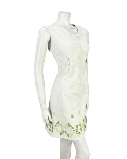 VTG 60S 70S LUCIE LINDEN WHITE GREEN GEOMETRIC MOD EMBROIDERED SHIFT DRESS 12 14