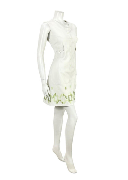 VTG 60S 70S LUCIE LINDEN WHITE GREEN GEOMETRIC MOD EMBROIDERED SHIFT DRESS 12 14