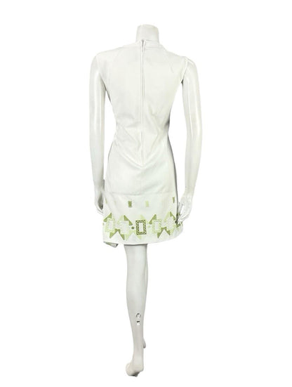 VTG 60S 70S LUCIE LINDEN WHITE GREEN GEOMETRIC MOD EMBROIDERED SHIFT DRESS 12 14