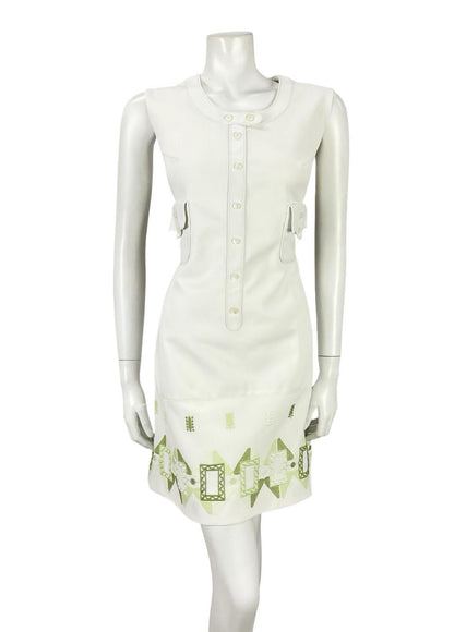 VTG 60S 70S LUCIE LINDEN WHITE GREEN GEOMETRIC MOD EMBROIDERED SHIFT DRESS 12 14