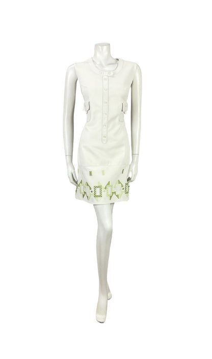VTG 60S 70S LUCIE LINDEN WHITE GREEN GEOMETRIC MOD EMBROIDERED SHIFT DRESS 12 14