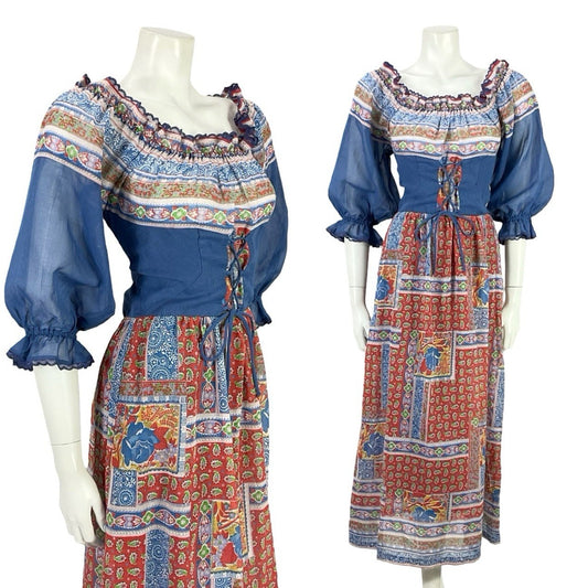 VTG 70S BLUE RED WHITE FLORAL PUFF SLEEVE LACE FLORAL PAISLEY BOHO DRESS 6 8