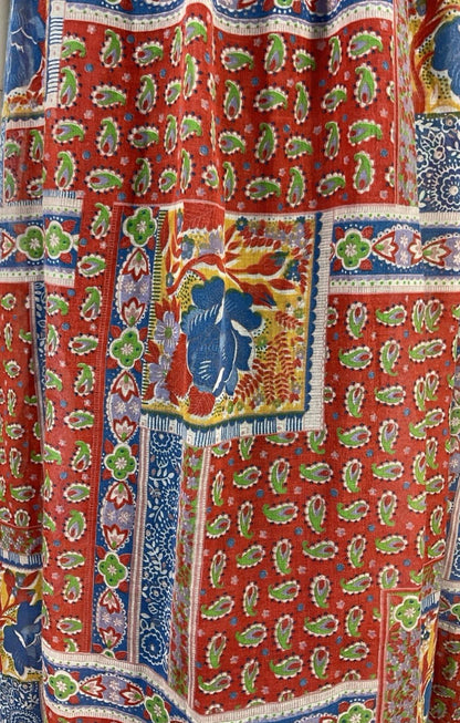 VTG 70S BLUE RED WHITE FLORAL PUFF SLEEVE LACE FLORAL PAISLEY BOHO DRESS 6 8