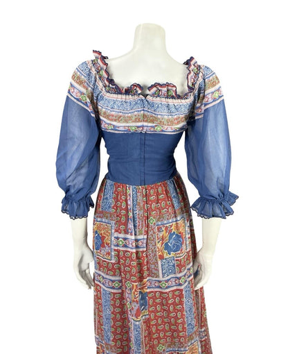 VTG 70S BLUE RED WHITE FLORAL PUFF SLEEVE LACE FLORAL PAISLEY BOHO DRESS 6 8
