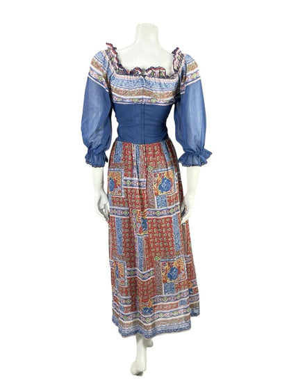 VTG 70S BLUE RED WHITE FLORAL PUFF SLEEVE LACE FLORAL PAISLEY BOHO DRESS 6 8