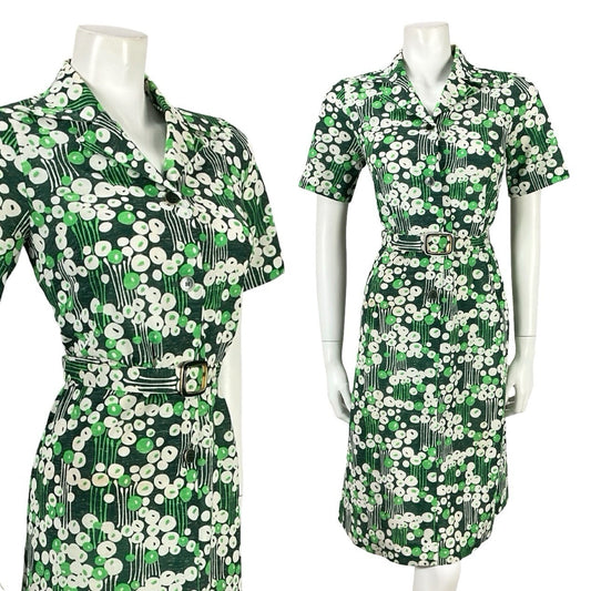 VTG 70S GREEN WHITE MOD GEOMETRIC DAGGER DOTTY STRIPED BELTED SHIRT DRESS 10