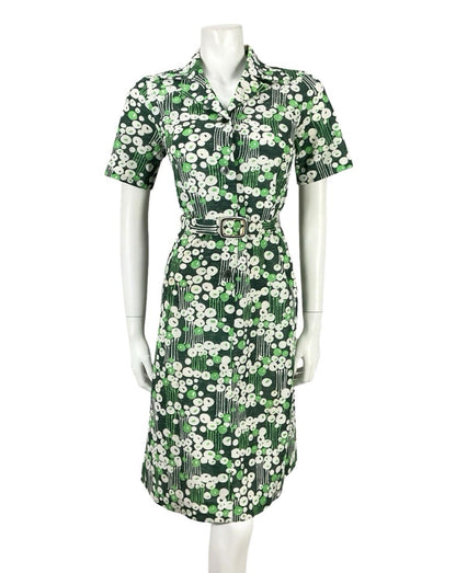 VTG 70S GREEN WHITE MOD GEOMETRIC DAGGER DOTTY STRIPED BELTED SHIRT DRESS 10
