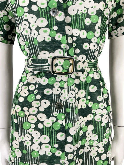 VTG 70S GREEN WHITE MOD GEOMETRIC DAGGER DOTTY STRIPED BELTED SHIRT DRESS 10