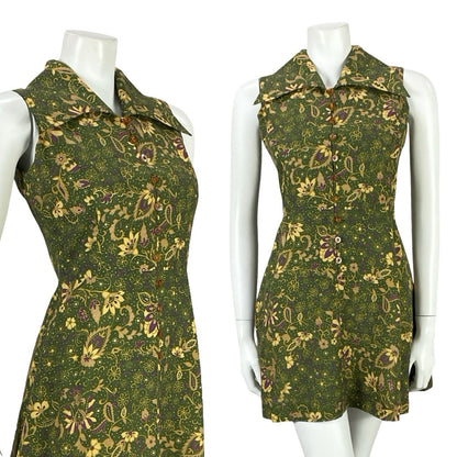 VTG JAPANESE 70S MOD GREEN PURPLE GOLD PSYCHEDELIC FLORAL DAGGER DRESS 6 8