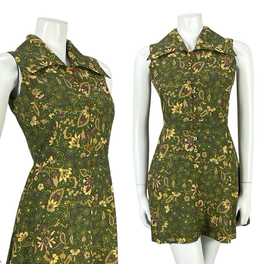 VTG JAPANESE 70S MOD GREEN PURPLE GOLD PSYCHEDELIC FLORAL DAGGER DRESS 6 8