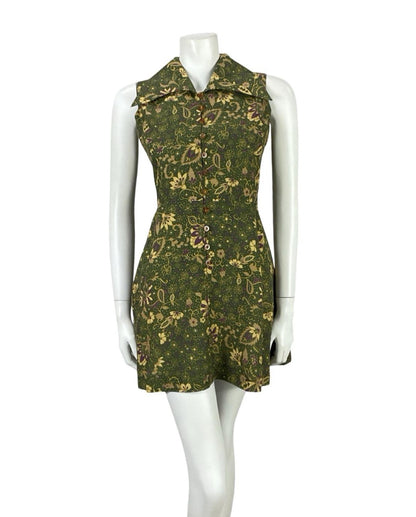 VTG JAPANESE 70S MOD GREEN PURPLE GOLD PSYCHEDELIC FLORAL DAGGER DRESS 6 8