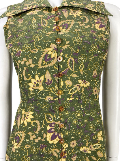 VTG JAPANESE 70S MOD GREEN PURPLE GOLD PSYCHEDELIC FLORAL DAGGER DRESS 6 8