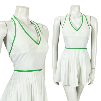 VTG 70S WHITE GREEN SPORTY MOD TENNIS PLEATED V NECK HALTER MICRO MINI DRESS 6