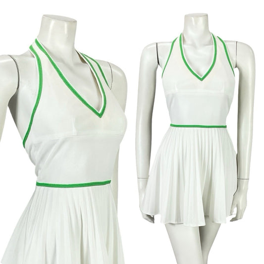 VTG 70S WHITE GREEN SPORTY MOD TENNIS PLEATED V NECK HALTER MICRO MINI DRESS 6