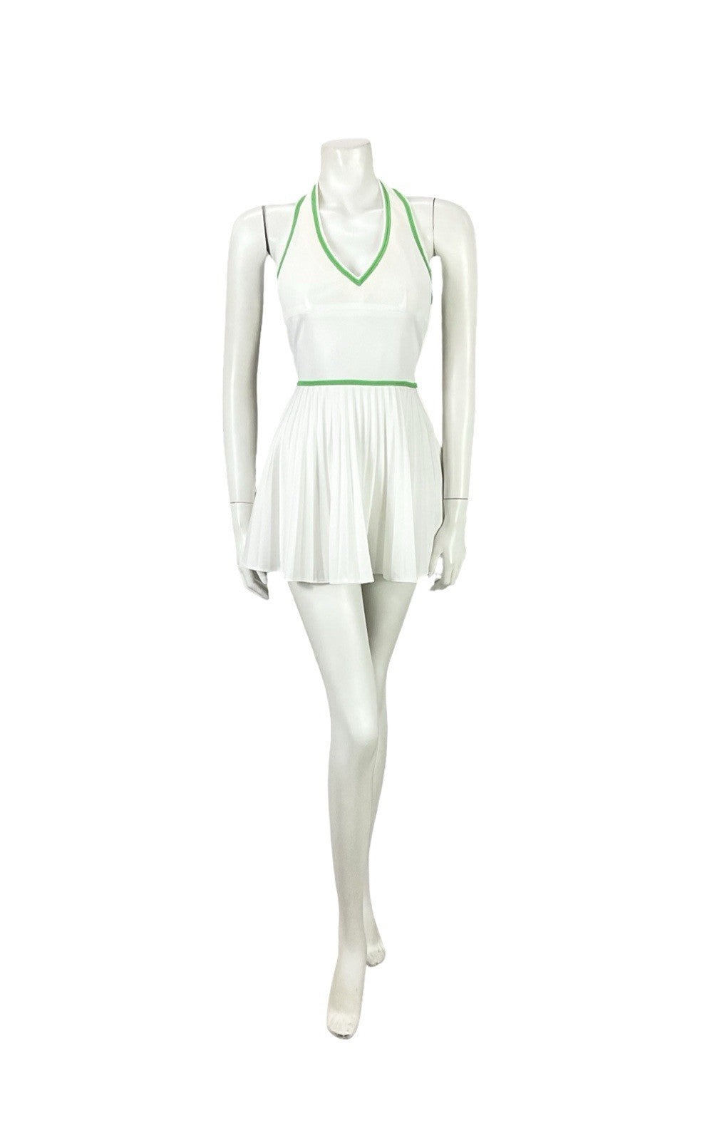 VTG 70S WHITE GREEN SPORTY MOD TENNIS PLEATED V NECK HALTER MICRO MINI DRESS 6