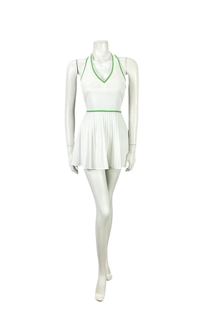 VTG 70S WHITE GREEN SPORTY MOD TENNIS PLEATED V NECK HALTER MICRO MINI DRESS 6