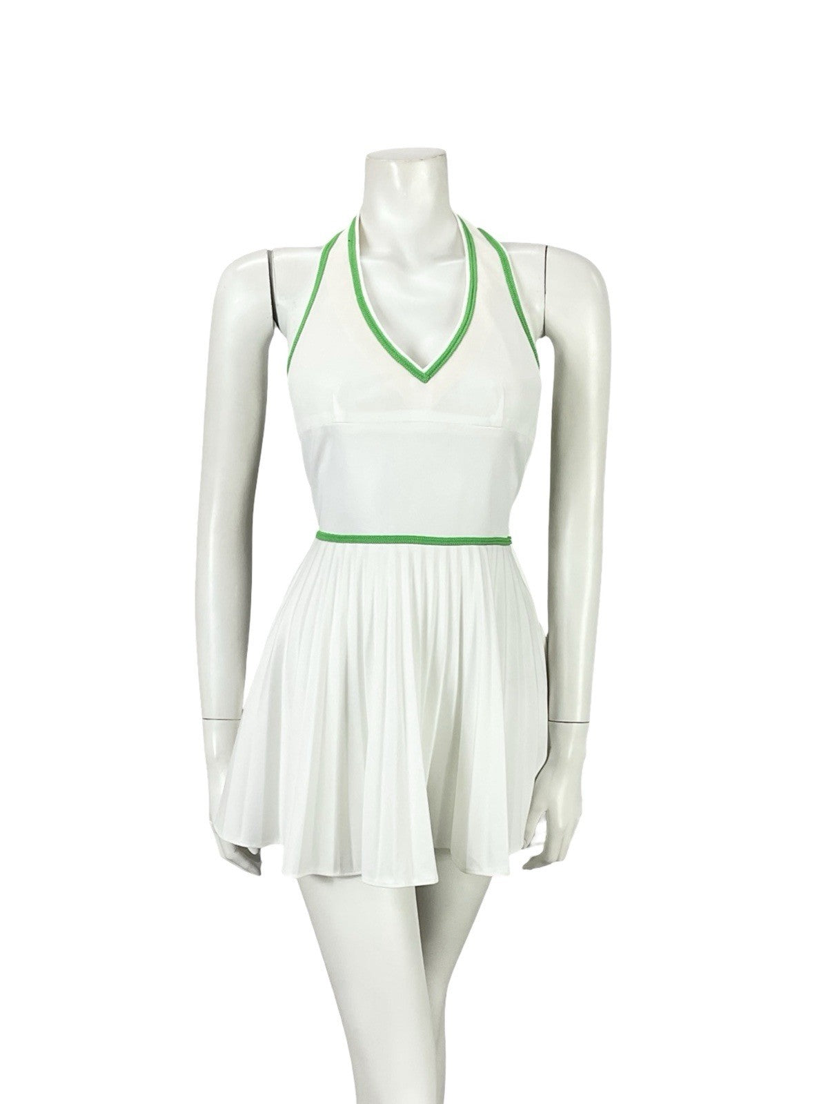 VTG 70S WHITE GREEN SPORTY MOD TENNIS PLEATED V NECK HALTER MICRO MINI DRESS 6
