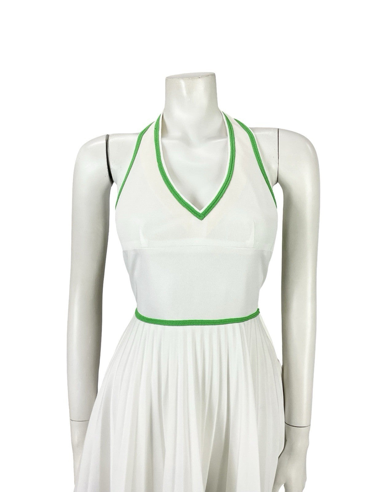 VTG 70S WHITE GREEN SPORTY MOD TENNIS PLEATED V NECK HALTER MICRO MINI DRESS 6
