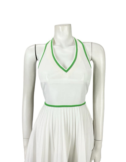 VTG 70S WHITE GREEN SPORTY MOD TENNIS PLEATED V NECK HALTER MICRO MINI DRESS 6