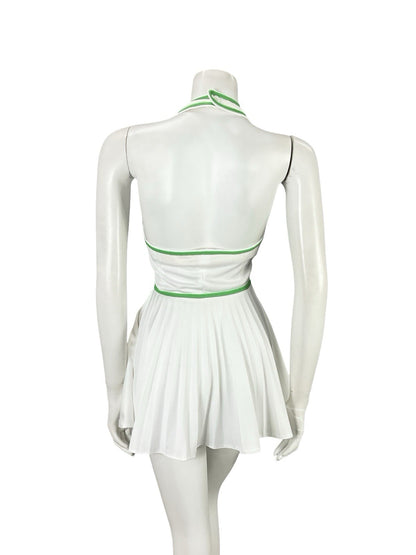VTG 70S WHITE GREEN SPORTY MOD TENNIS PLEATED V NECK HALTER MICRO MINI DRESS 6