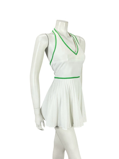 VTG 70S WHITE GREEN SPORTY MOD TENNIS PLEATED V NECK HALTER MICRO MINI DRESS 6