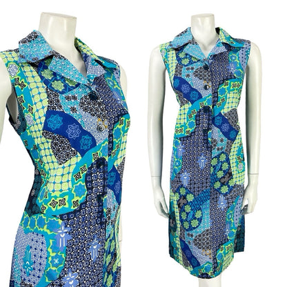 VTG 70S BLUE GREEN BLACK WHITE PSYCHEDELIC GEOMETRIC SHIFT DAGGER SHIRT DRESS 12