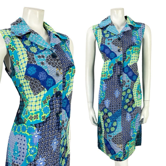 VTG 70S BLUE GREEN BLACK WHITE PSYCHEDELIC GEOMETRIC SHIFT DAGGER SHIRT DRESS 12